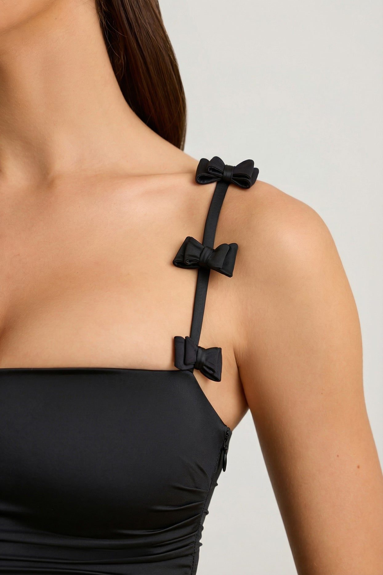 Bow-Detail Ruched Bubble Hem Mini Dress in Black - 5
