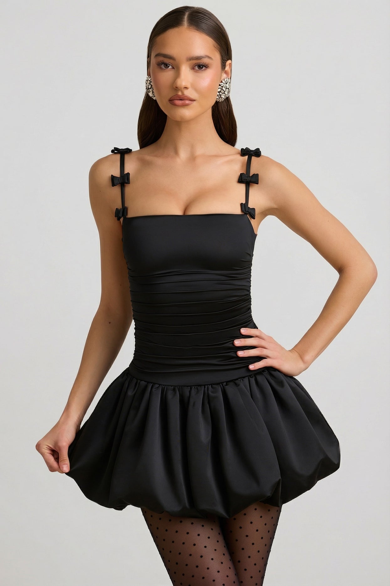 Bow-Detail Ruched Bubble Hem Mini Dress in Black - 7
