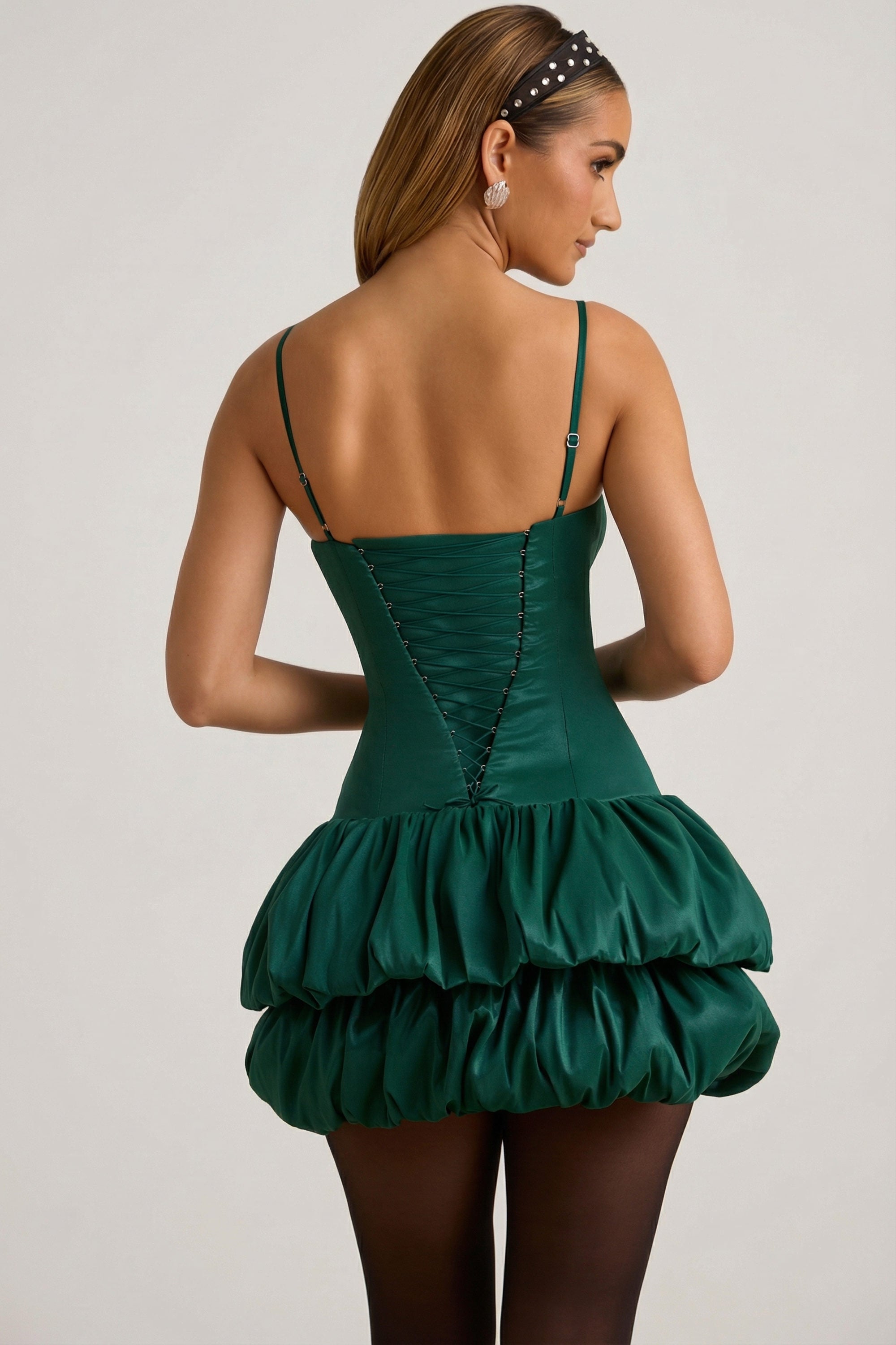 Clarice Layered Bubble Hem Corset Mini Dress in Emerald Green