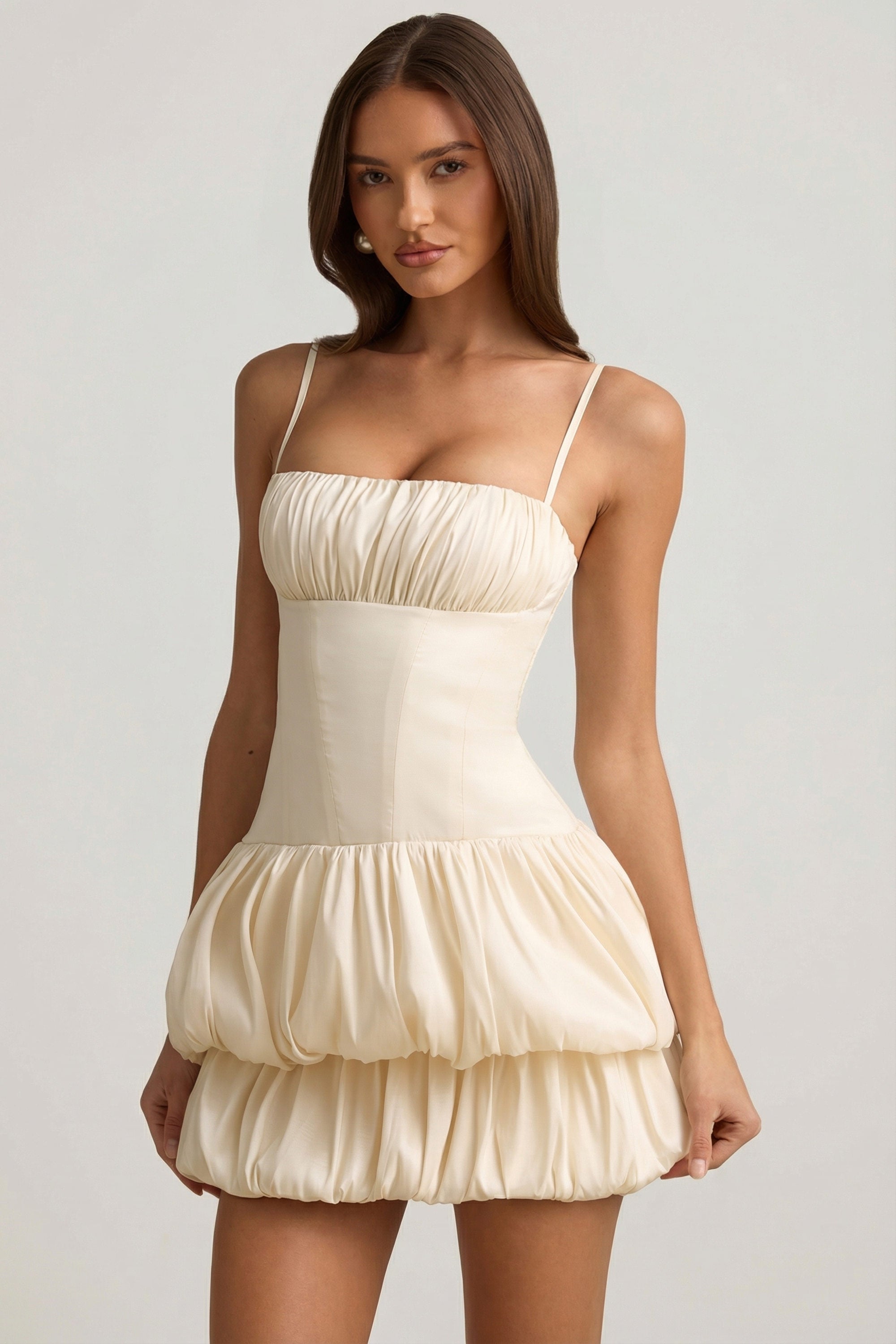 Clarice Layered Bubble Hem Corset Mini Dress in Ivory | Oh Polly