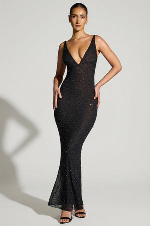 Oh Polly's Priscilla wearing the Colmar Gown Length Dress in Black Embellished fabric perfect for formal evening events