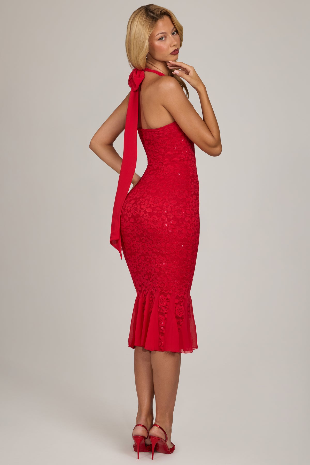Sequin Lace Midaxi Dress in Scarlet Red