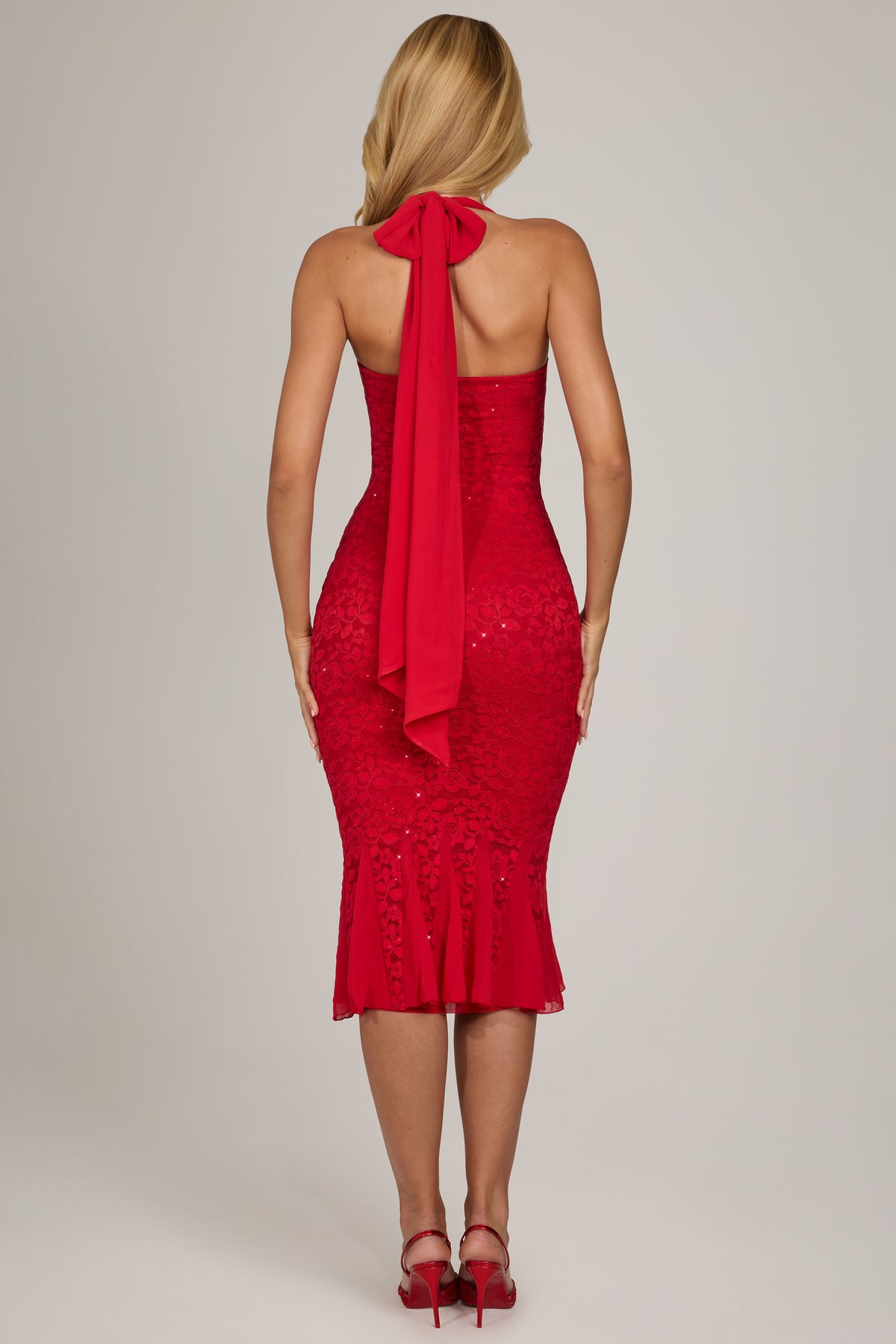 Sequin Lace Midaxi Dress in Scarlet Red