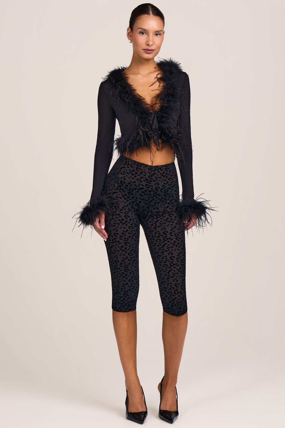 Flocked Leopard Mesh Capri Trousers in Black