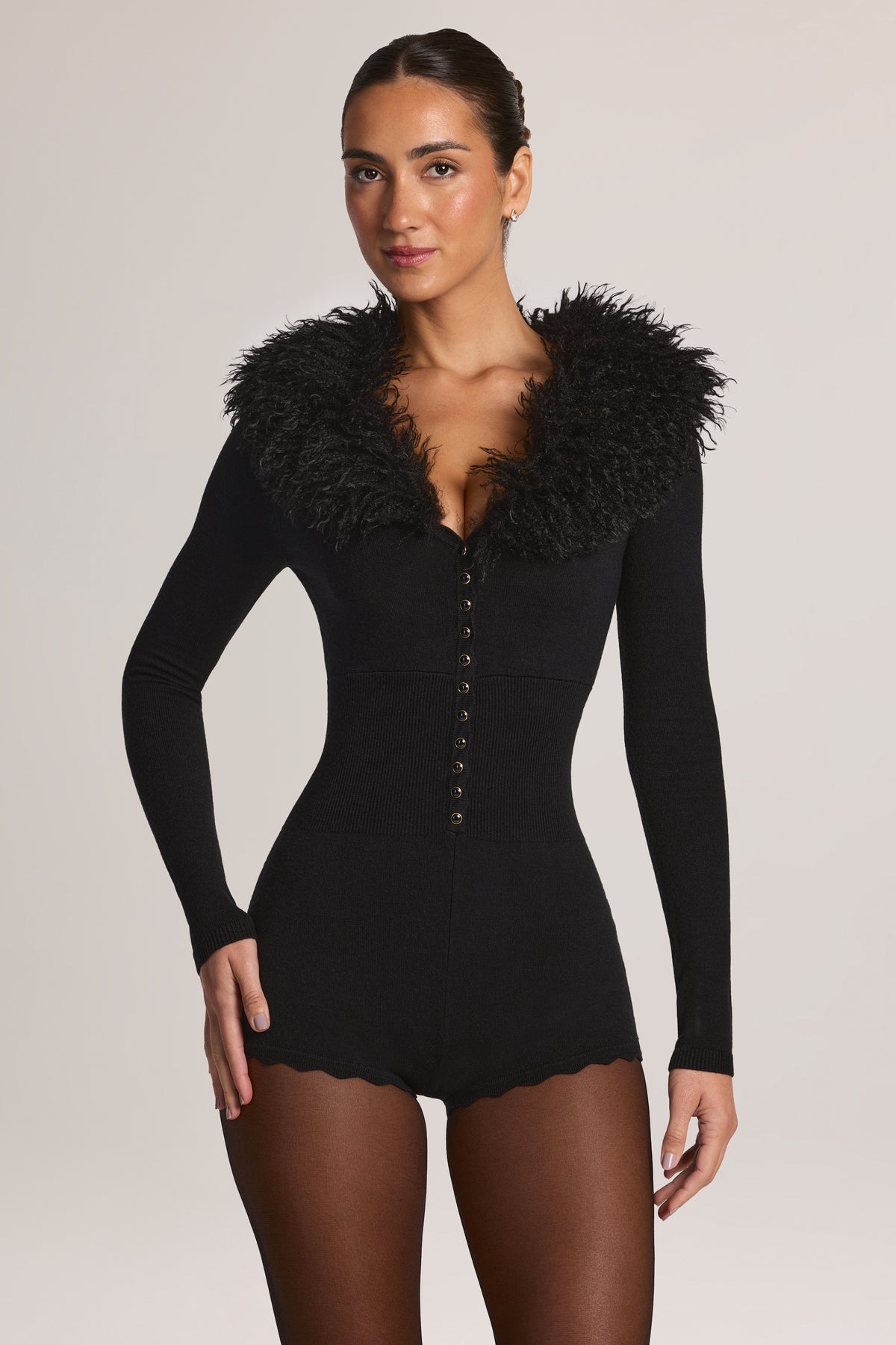 Mongolian Fur-Trim Romper in Black