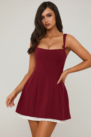 Bow-Detail Pleated A-Line Mini Dress in Berry Red