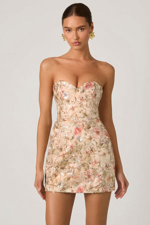 Embellished Strapless A-Line Mini Dress in Floral Beige