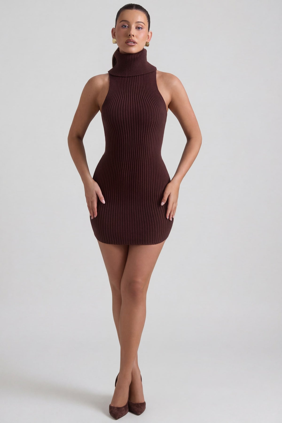 Ribbed-Knit Turtleneck Mini Dress in Espresso