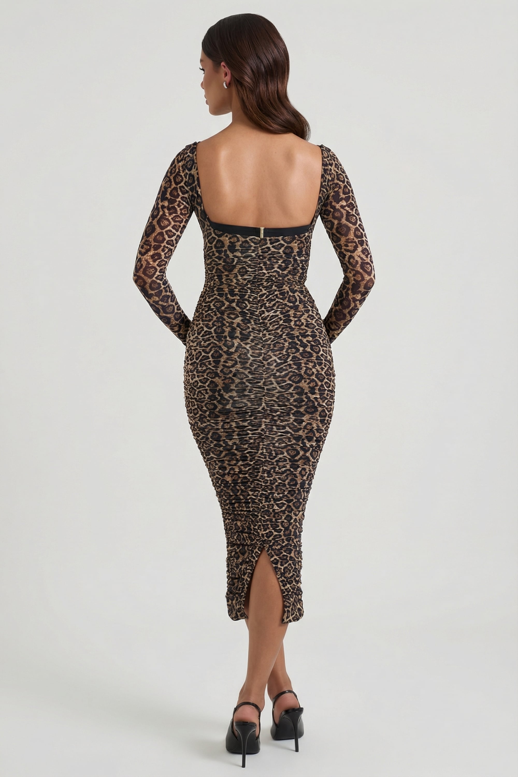 Layered Bra-Detail Ruched Midaxi Dress in Leopard Print - 4 / Regular