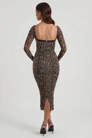 Layered Bra-Detail Ruched Midaxi Dress in Leopard Print