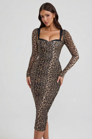 Layered Bra-Detail Ruched Midaxi Dress in Leopard Print
