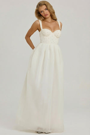 Oh Polly's Josey Anne wearing the Delancey Gown Length Dress in White Embellished, Tulle fabric perfect for a glamorous evening event