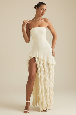 Ruffle-Trim Strapless Gown in Ivory