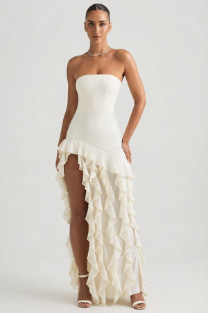 Oh Polly's Priscilla wearing the Diletta Gown Length Dress in Ivory Chiffon fabric perfect for luxury holiday dinners