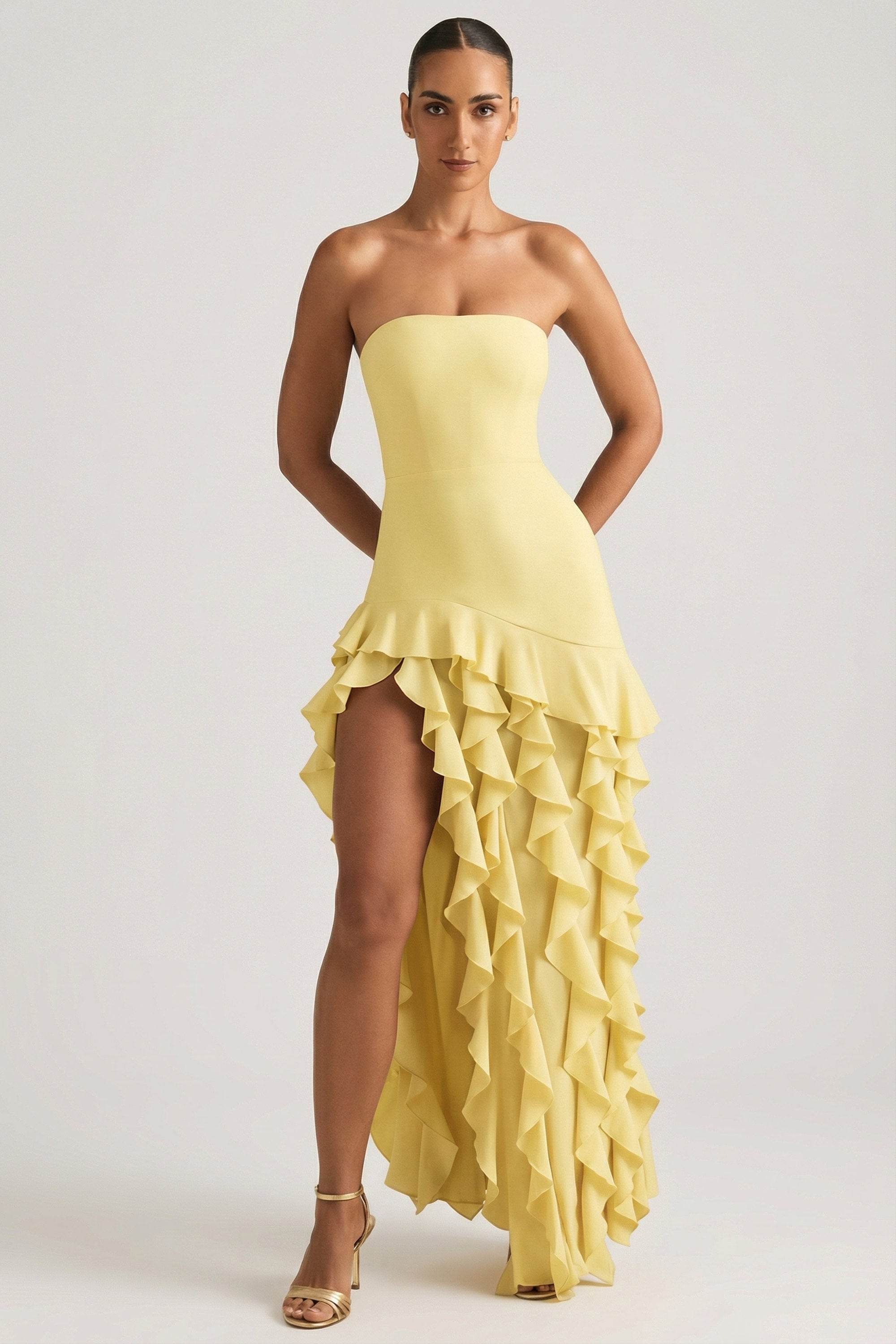 oh polly yellow dress Butter LaDamme Iconic eveningwear Halterneck A-Line Mini Dress in