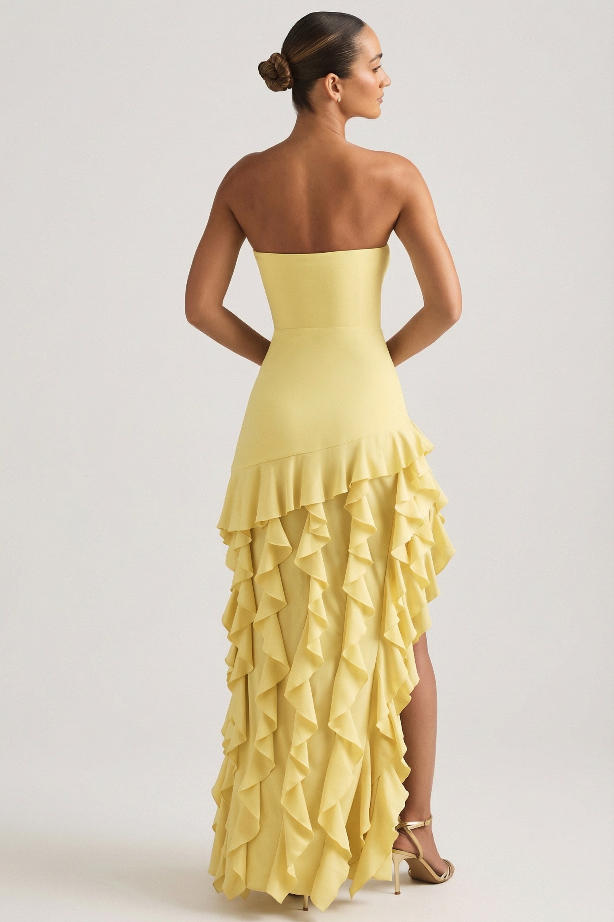 Ruffle-Trim Strapless Gown in Pastel Yellow - 8