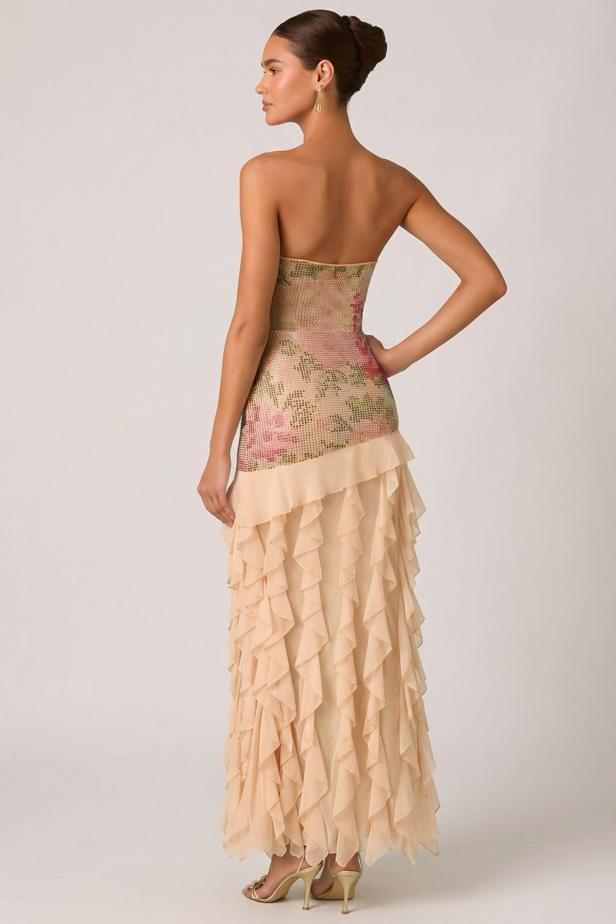 Embellished Ruffle-Trim Strapless Gown in Rose Hotfix