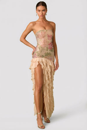 Oh Polly's Anna wearing the Diletta Gown Length Dress in Rose Rhinestone fabric perfect for special celebrations