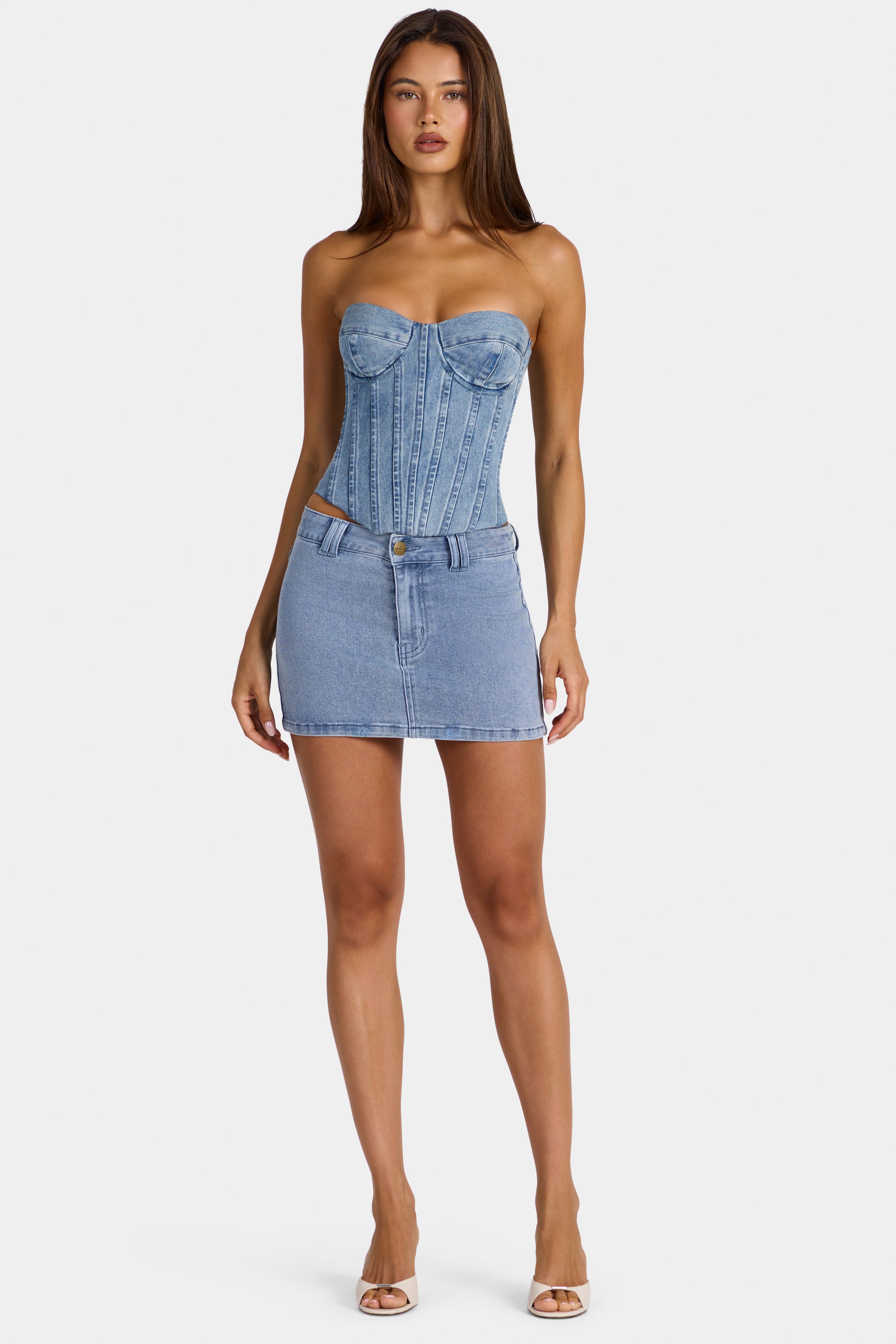 Low-Rise Denim Mini Skirt in Midwash Blue