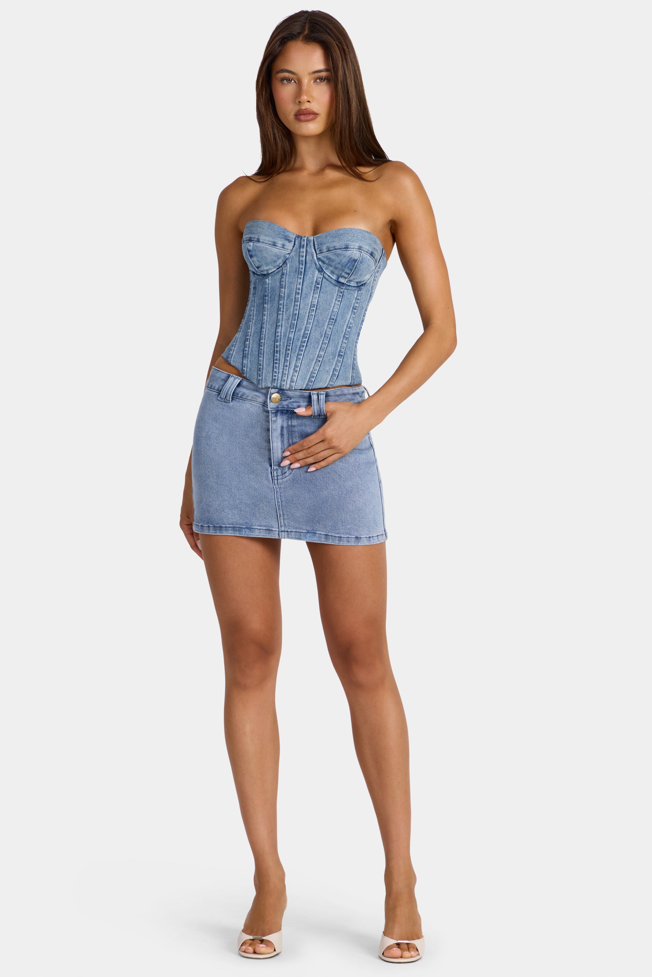 Low-Rise Denim Mini Skirt in Midwash Blue