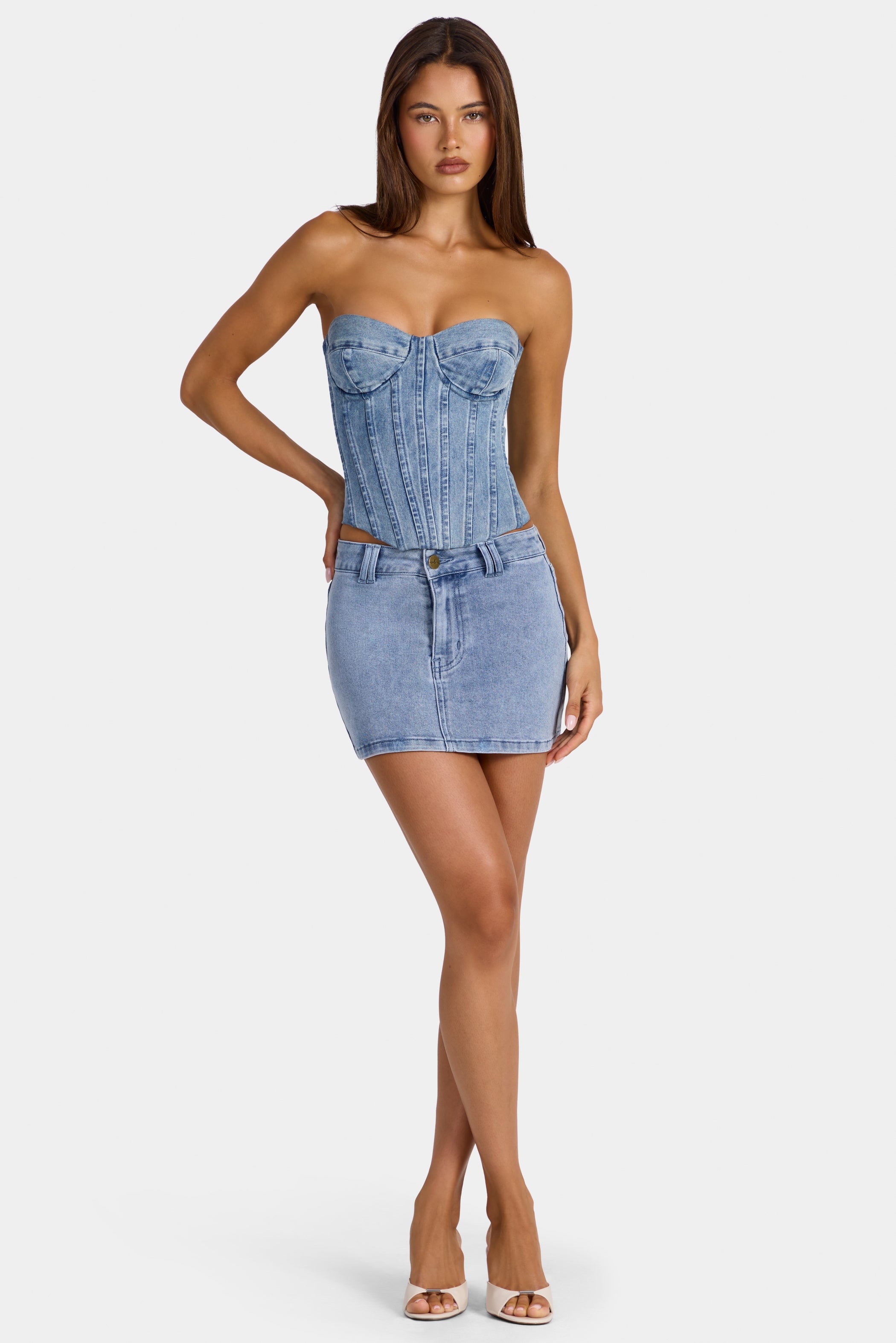 Low-Rise Denim Mini Skirt in Midwash Blue
