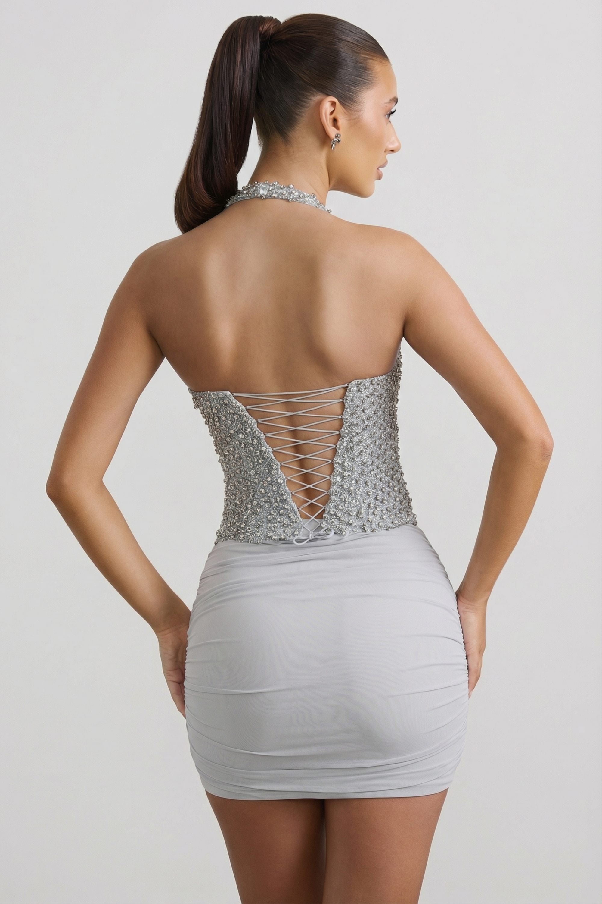 oh polly silver dress Jasella Embellished Corset Gown in High neck Oh Polly Flower Sequin Maxi