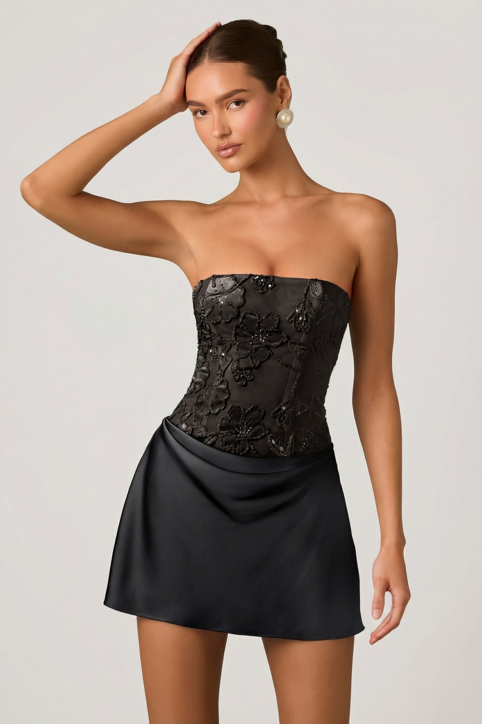 Floral-Appliqué Square-Neck Corset Mini Dress in Black - 4
