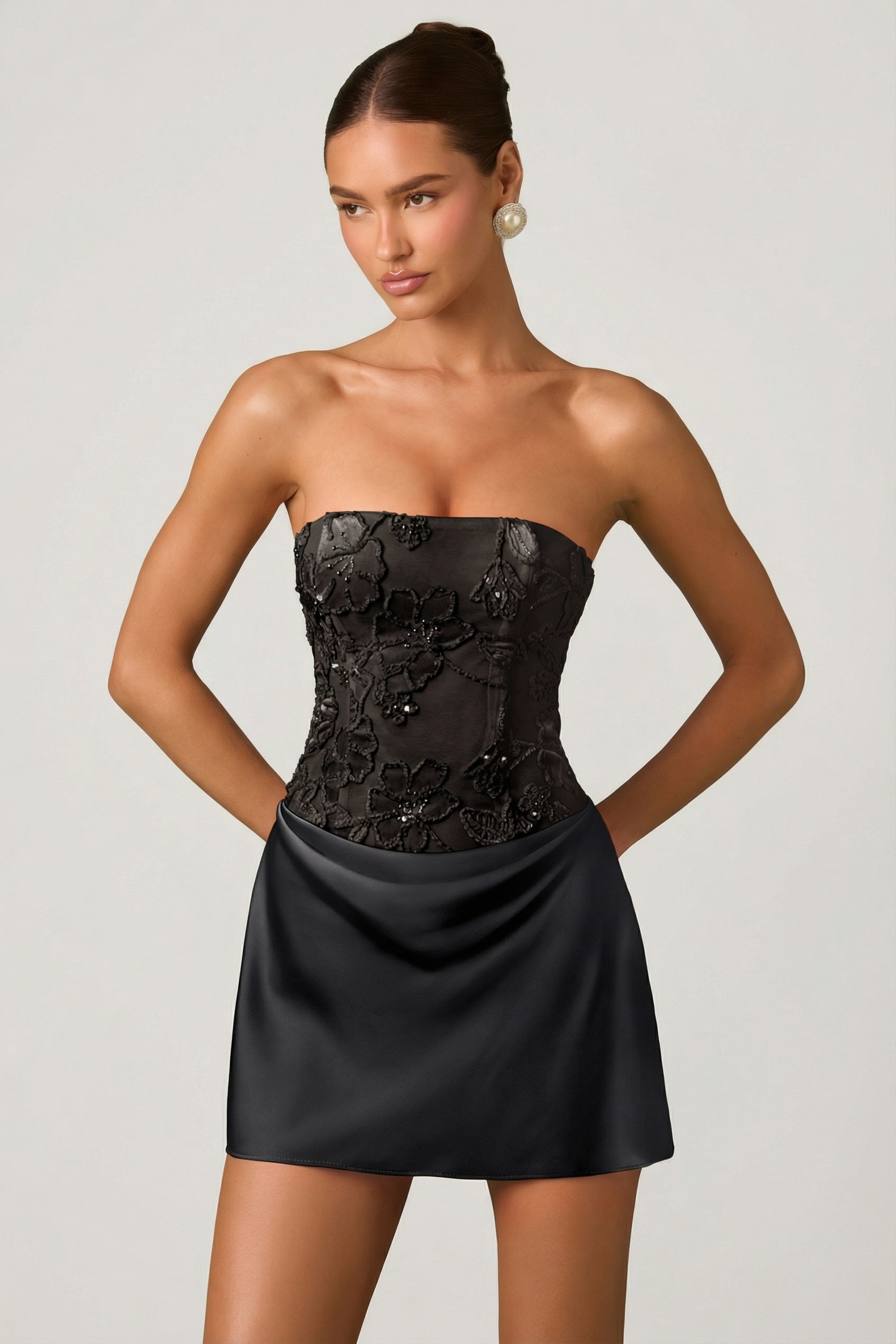 Eden Embellished Draped Strapless A-Line Mini Dress in Black