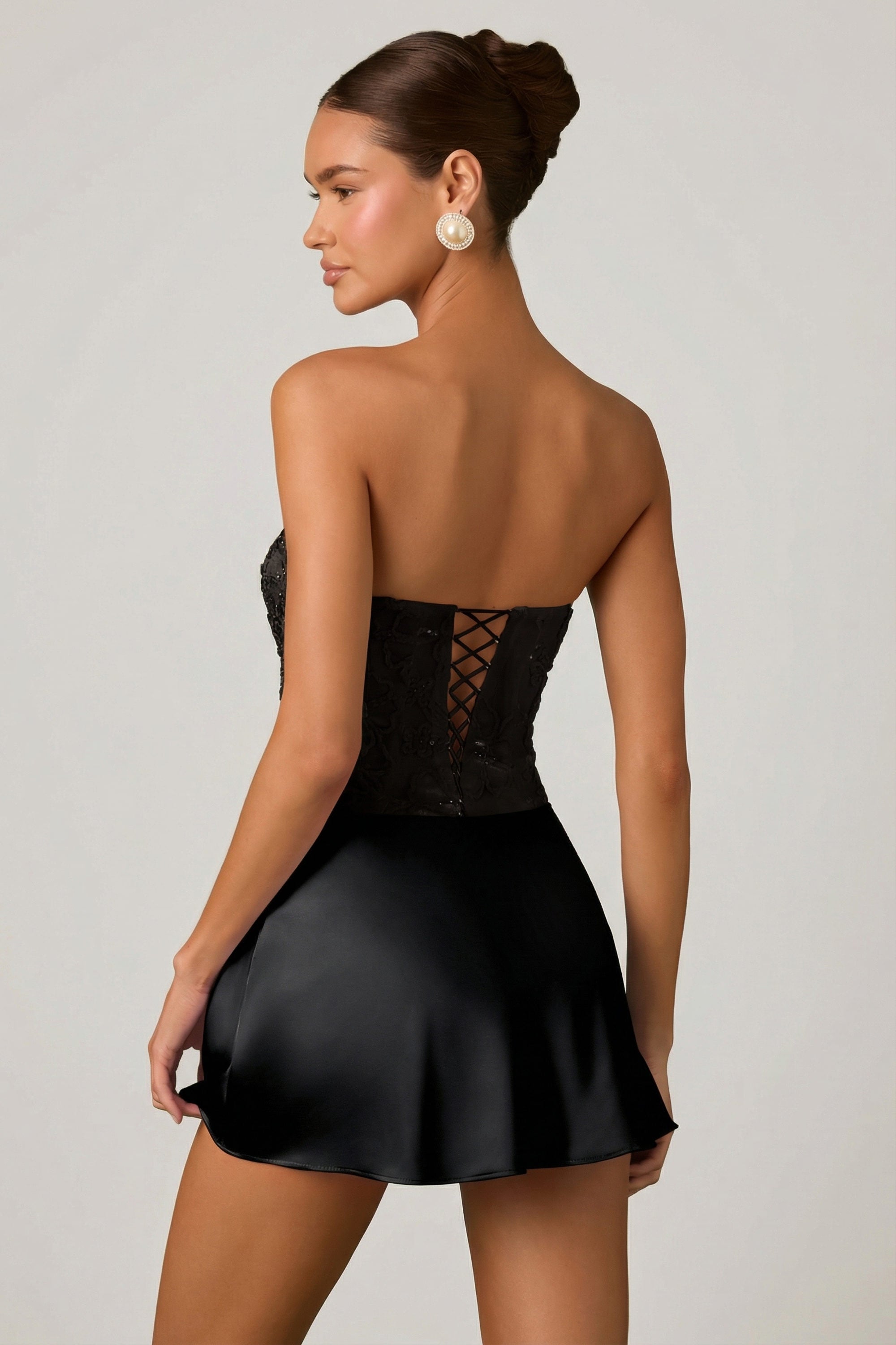 Eden Embellished Draped Strapless A-Line Mini Dress in Black