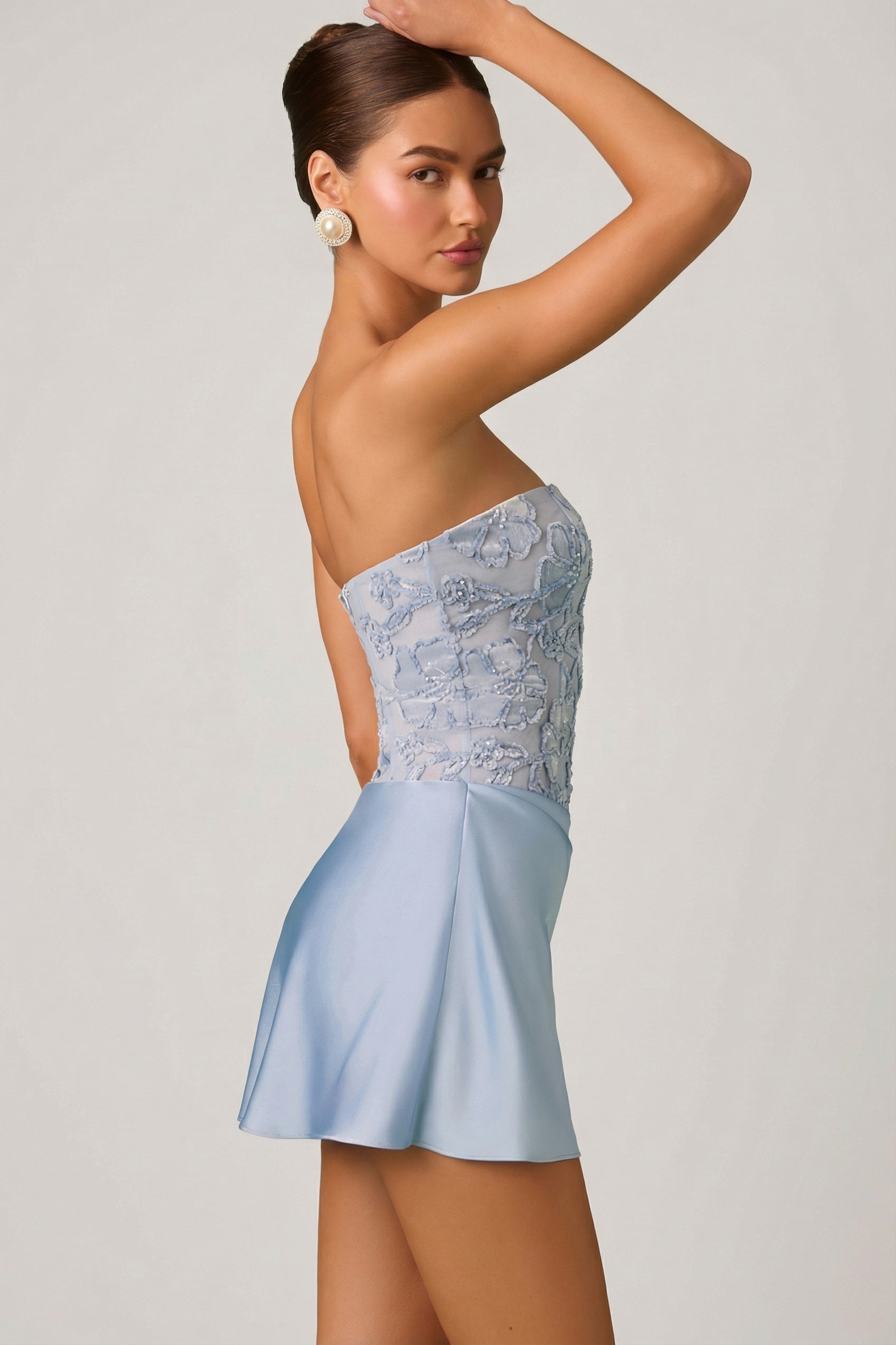 Embellished Draped Strapless A-Line Mini Dress in Sky Blue - 4