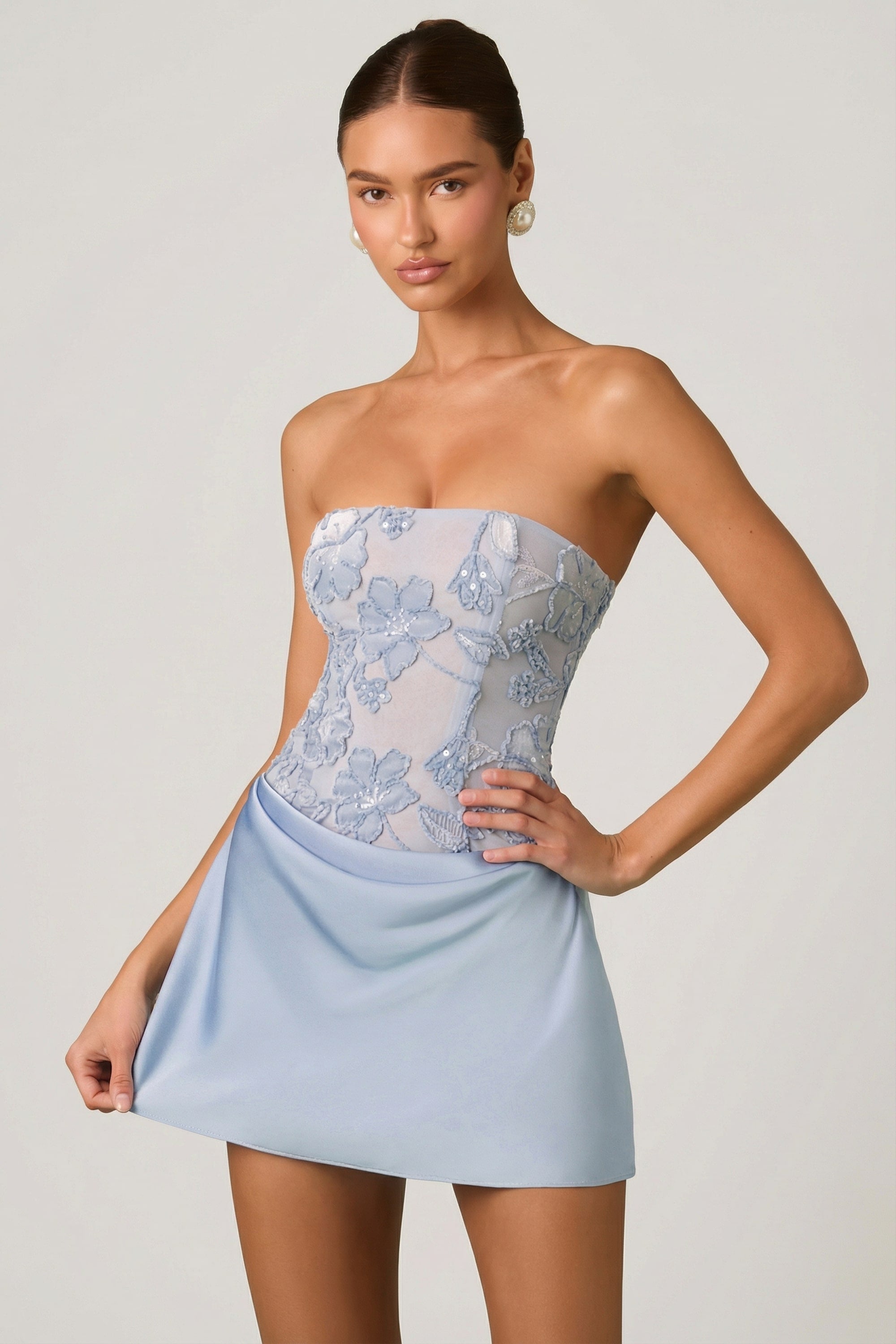 light blue strapless mini dress Satin Floral Homecoming style to show off the stunning back cowl detailing Girl Talk Strapless Mini Dress