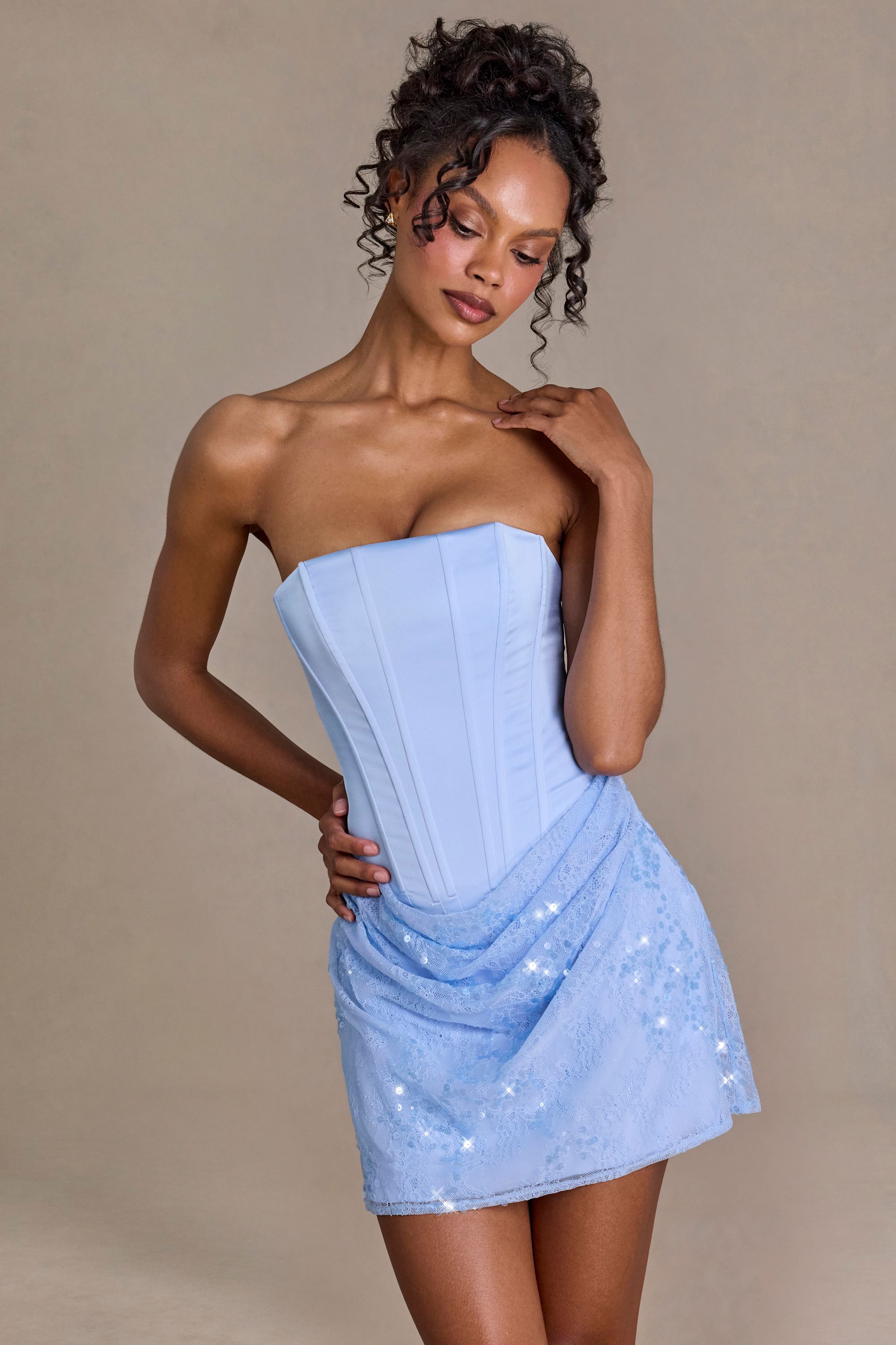 light blue satin mini dress Light Blue Satin Mini DressHow to style Satin Embellished Skirt Mini Dress