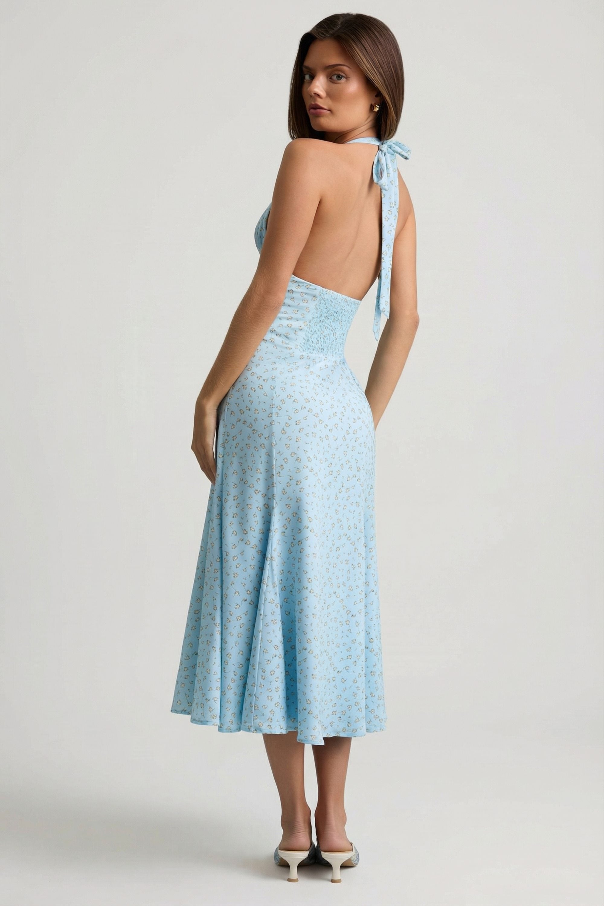 Halterneck Midaxi Dress in Blue Flower Print - 2