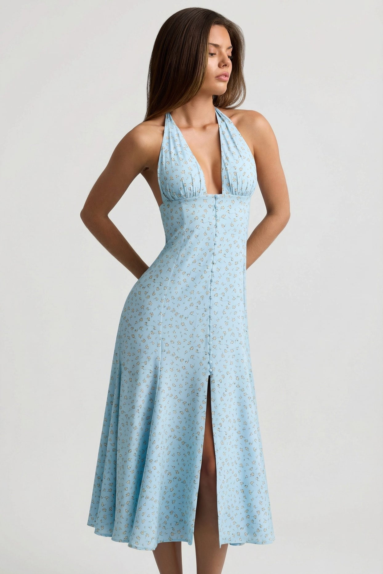 Halterneck Midaxi Dress in Blue Flower Print - 6