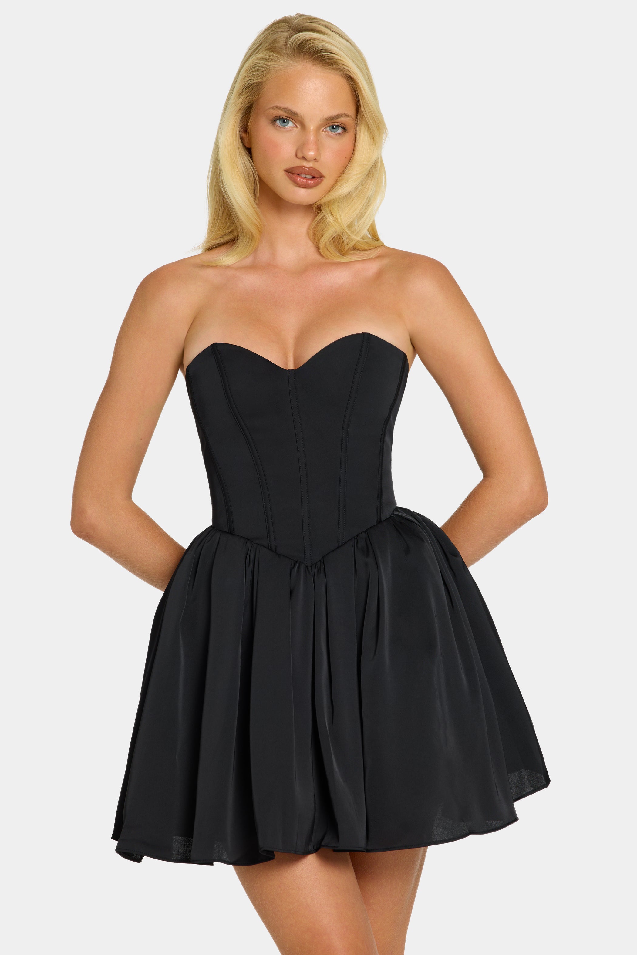 Emeline Bandeau Corset Tulle Skirt Mini Dress in Jet Black