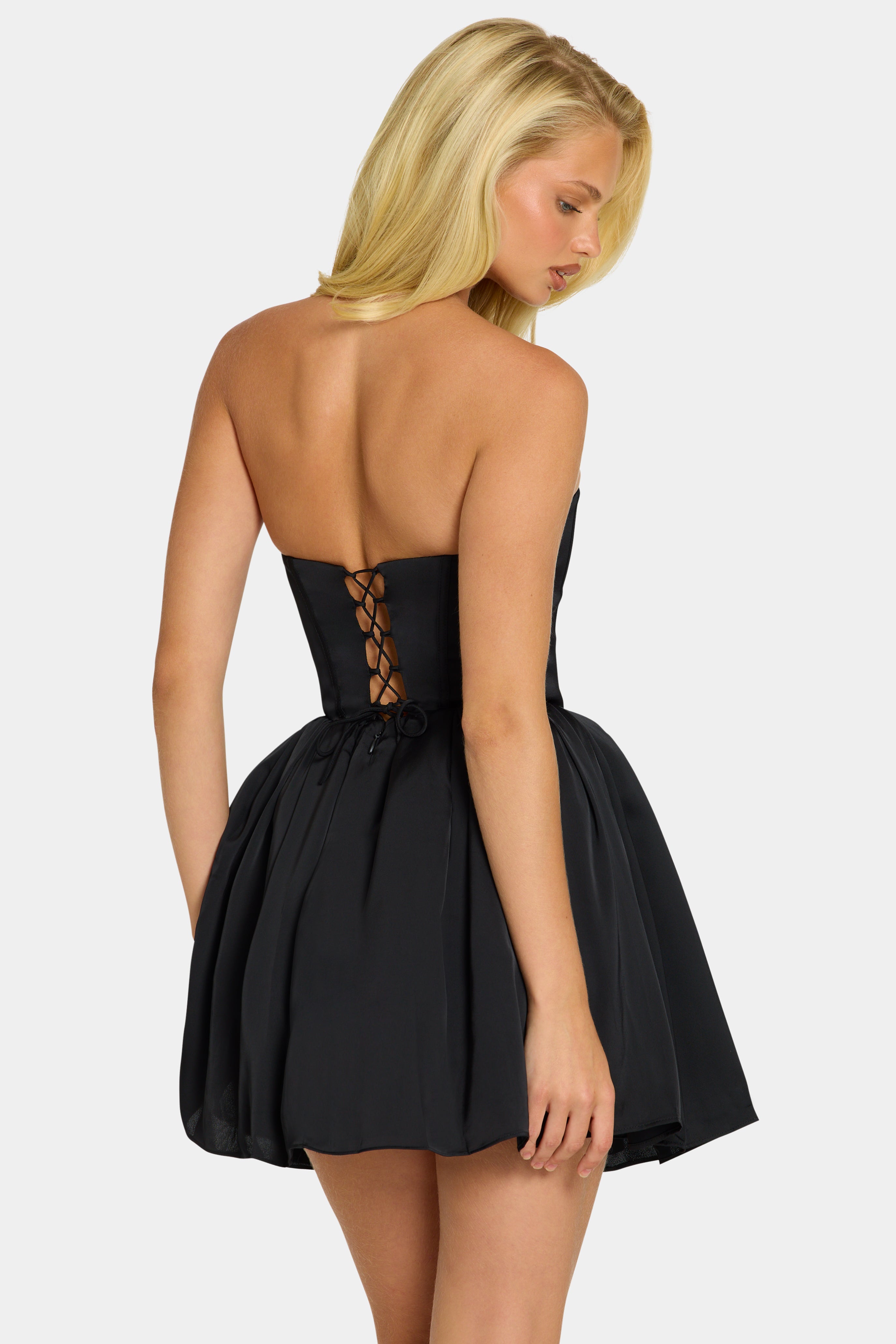 Emeline Bandeau Corset Tulle Skirt Mini Dress in Jet Black | Oh