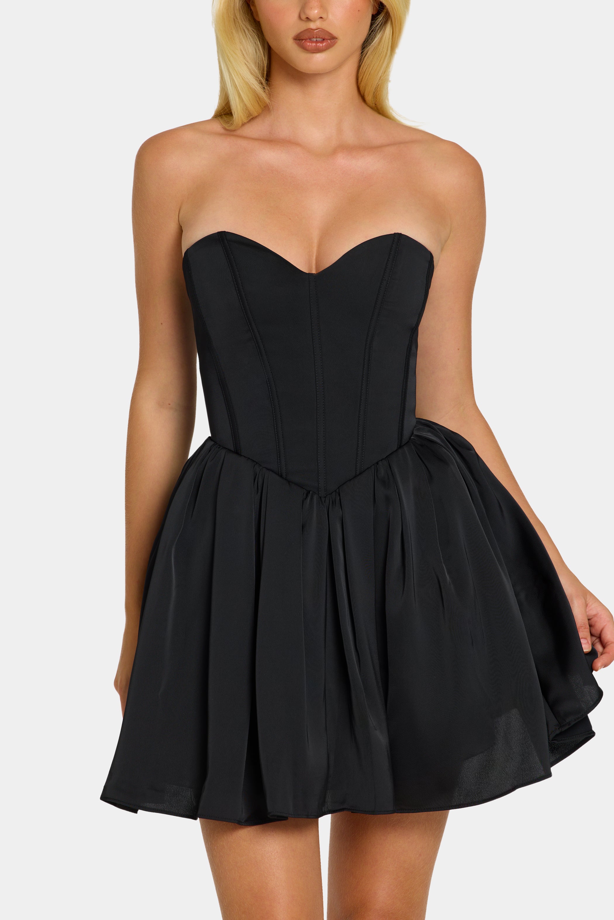 Emeline Bandeau Corset Tulle Skirt Mini Dress in Jet Black