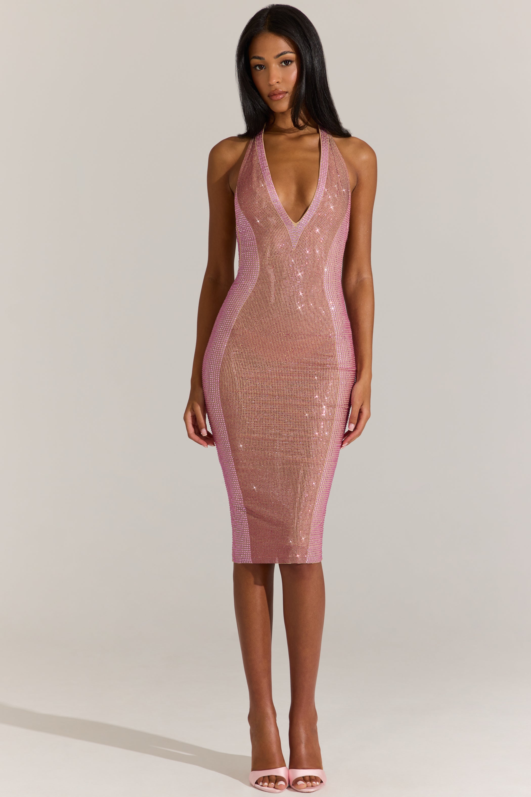 Embellished Plunge Halterneck Midi Dress in Blossom Pink
