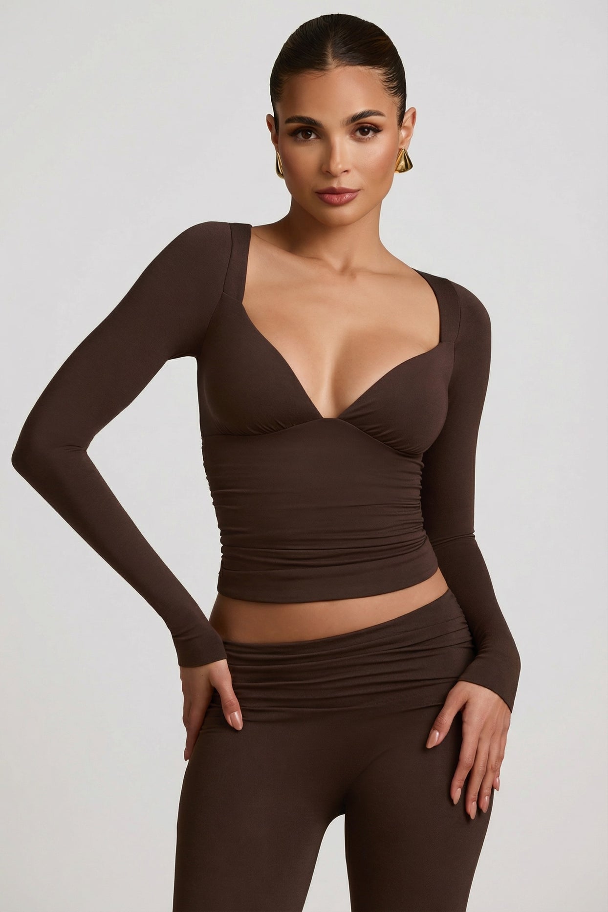 Modal Ruched Long-Sleeve Top in Chocolate Brown - 5