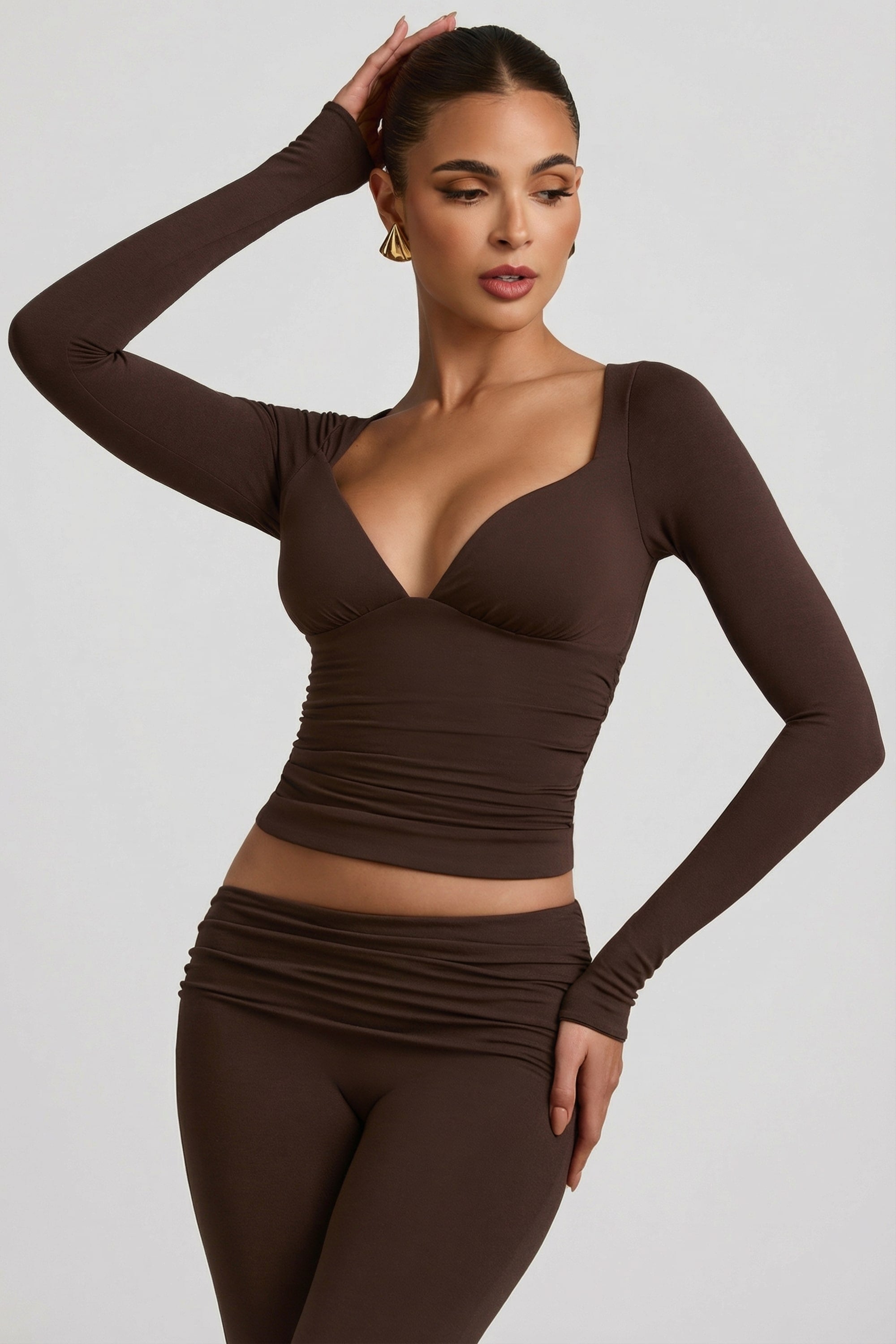 Modal Ruched Long-Sleeve Top in Chocolate Brown