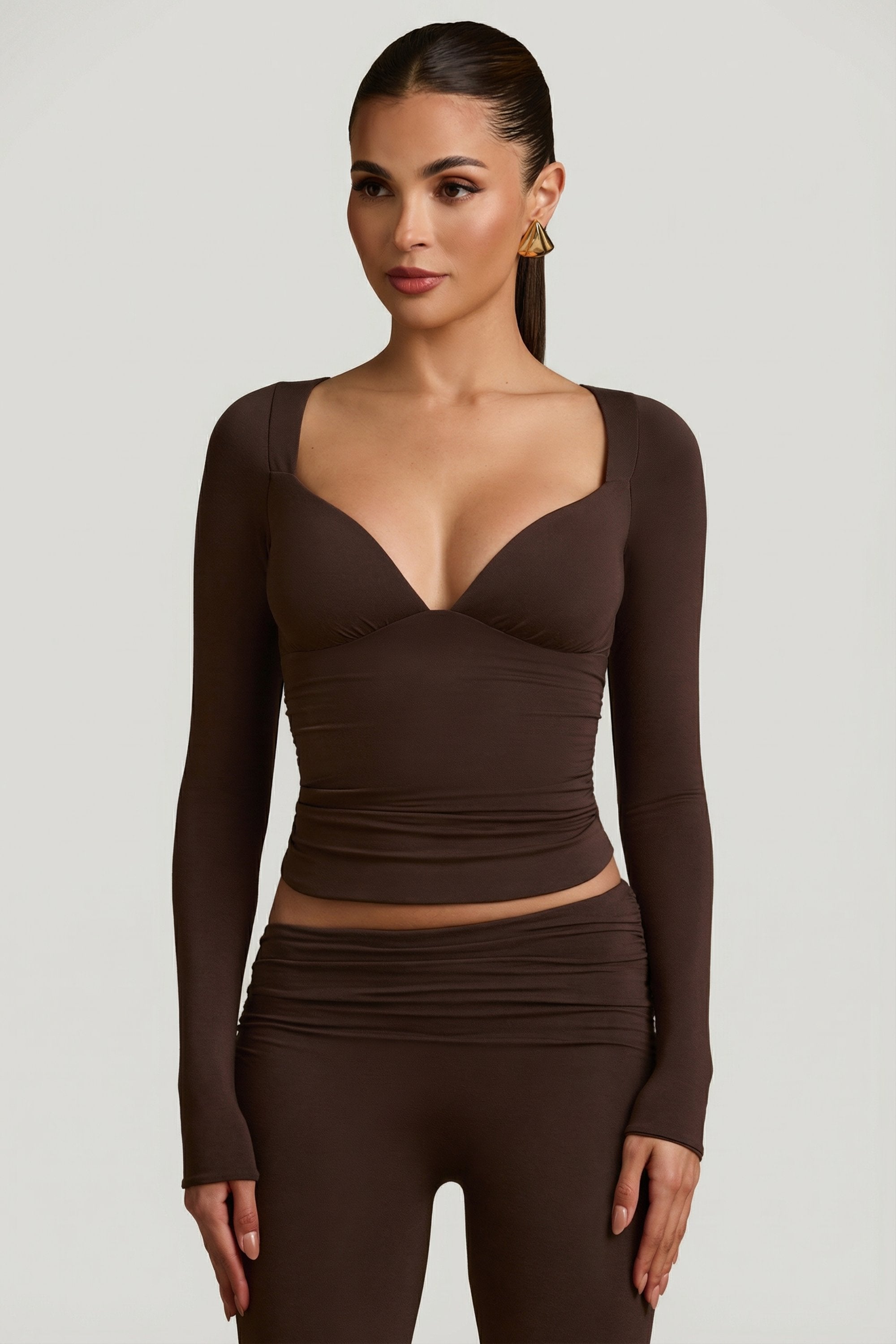 Modal Ruched Long-Sleeve Top in Chocolate Brown