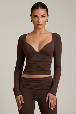 Modal Ruched Long-Sleeve Top in Chocolate Brown