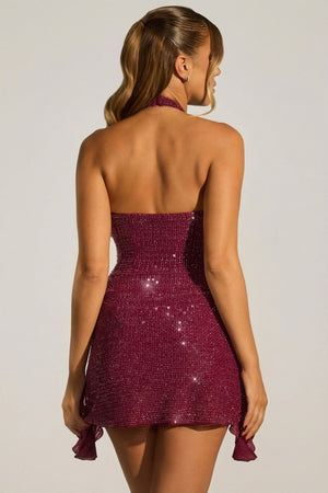 Embellished Draped Corset A-Line Mini Dress in Plum