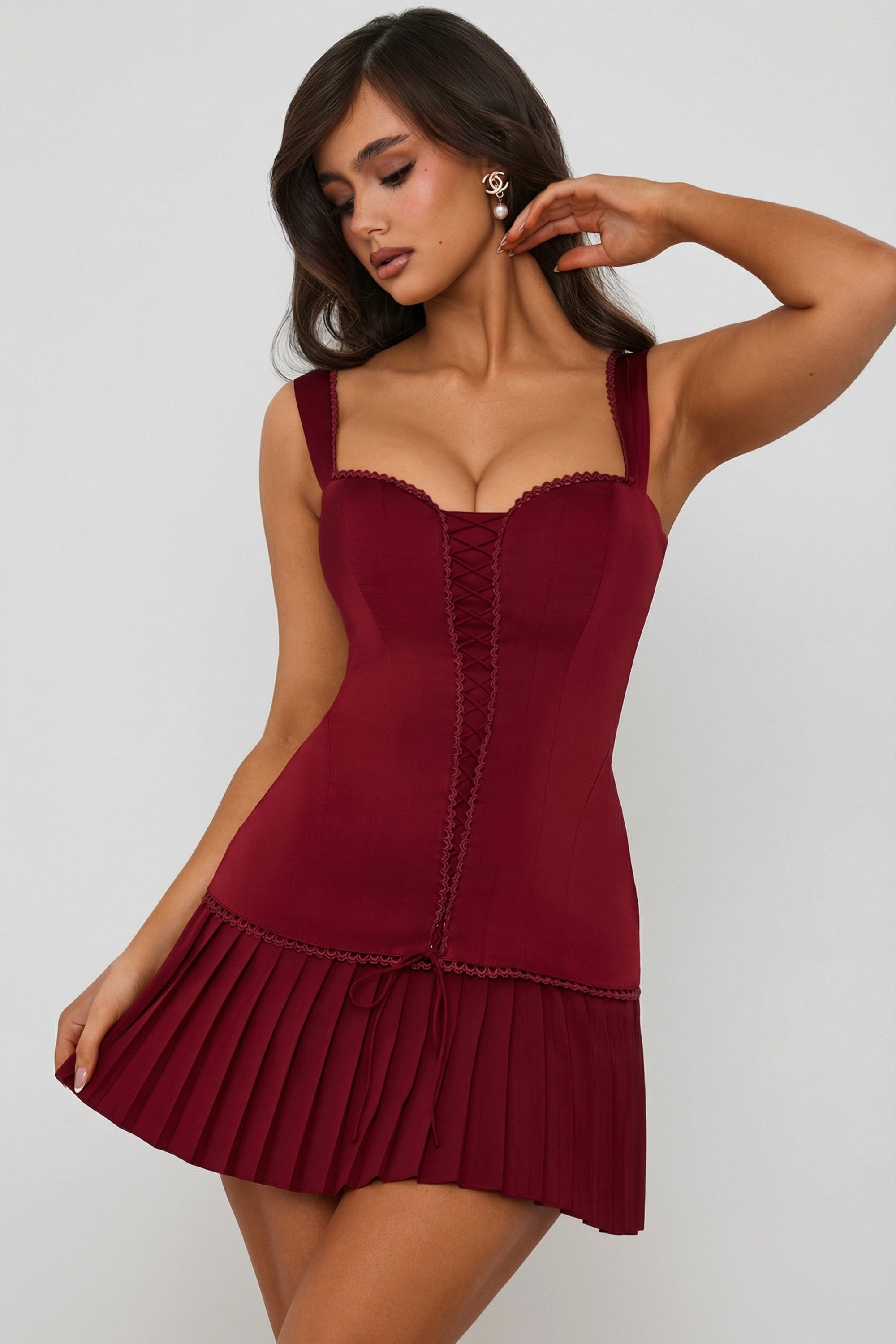 Bow-Detail Lace-Up Corset Mini Dress in Berry Red