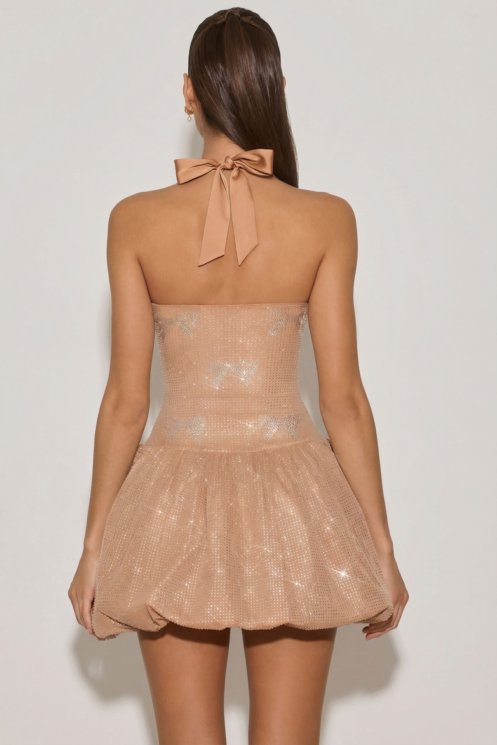 Embellished Halterneck Bubble Hem Mini Dress in Almond