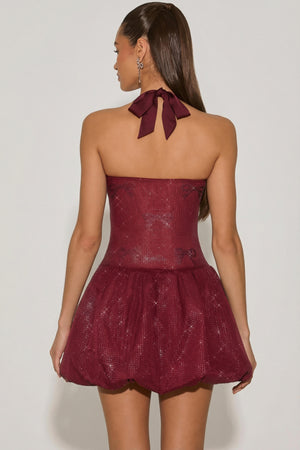 Embellished Halterneck Bubble Hem Mini Dress in Wine Red