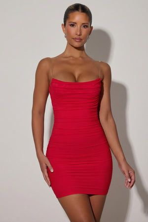 Oh Polly's Sierra Skye wearing the Femi Mini Dress in Red Mesh fabric perfect for a night out
