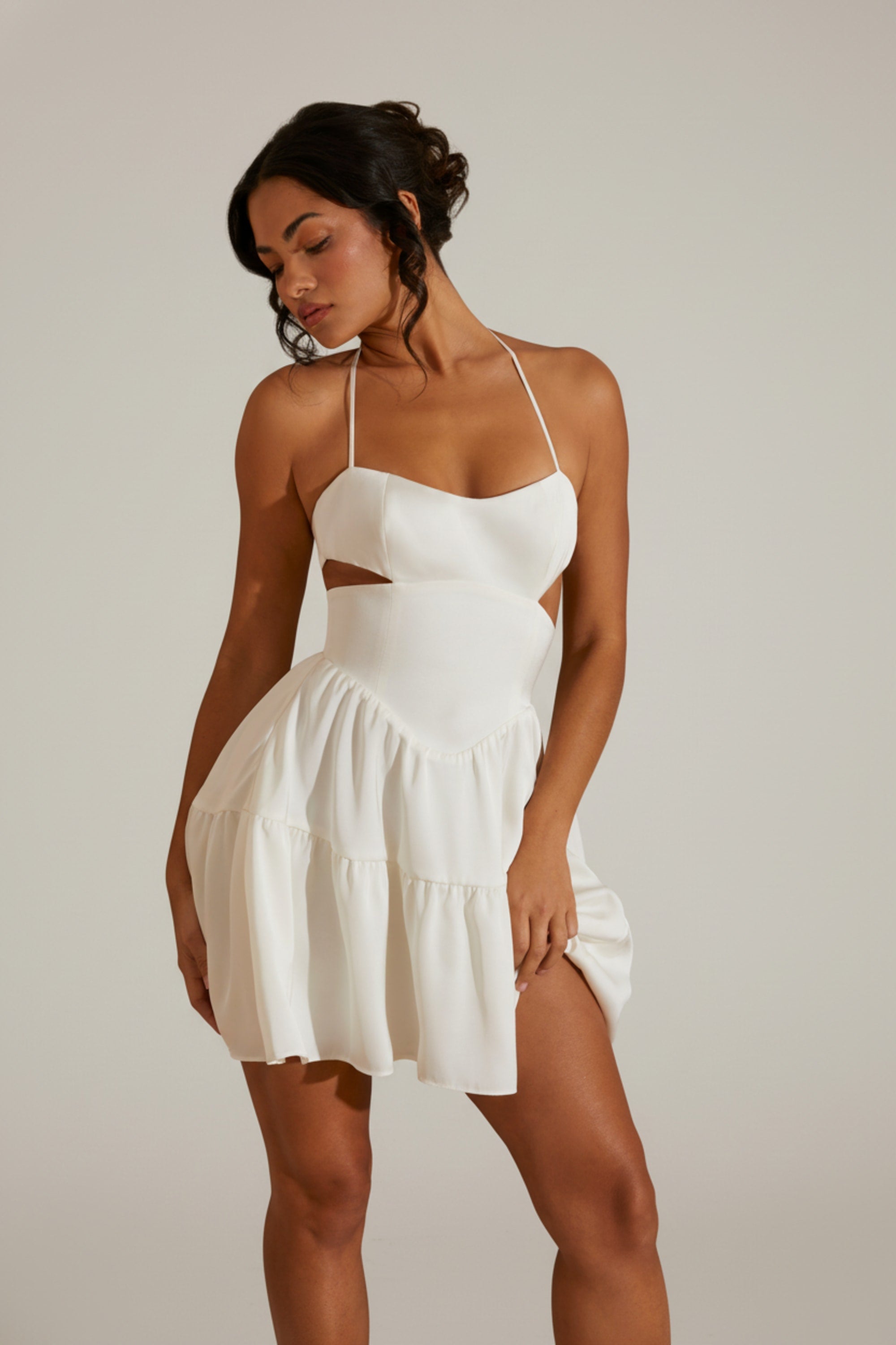 white cut out mini dress Rya Silky Cutout S out detail in the waist and an asymmetrical hem White Mini Dress - Mesh