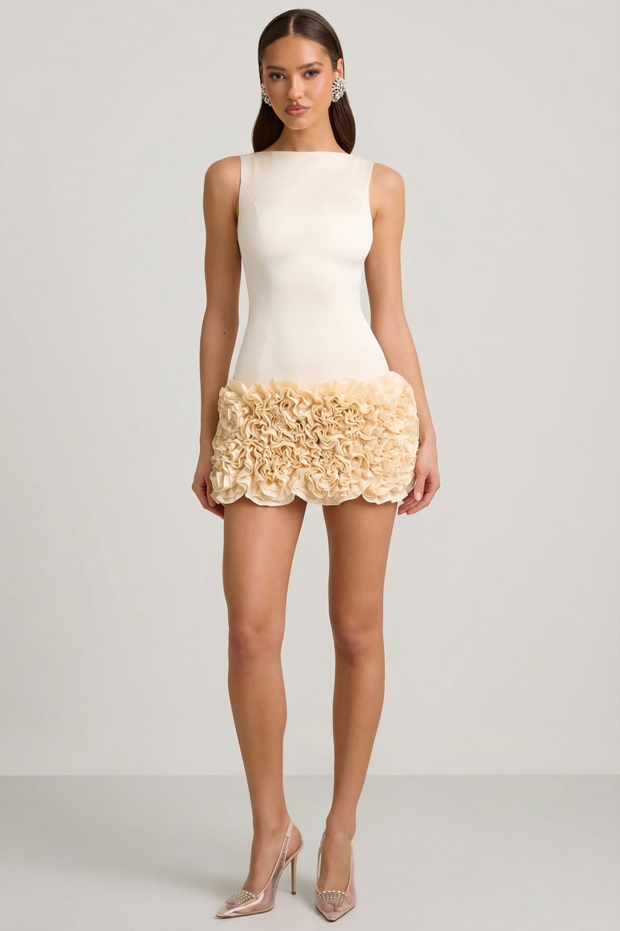 Satin Floral Appliqué Open-Back Mini Dress in Ivory - 6