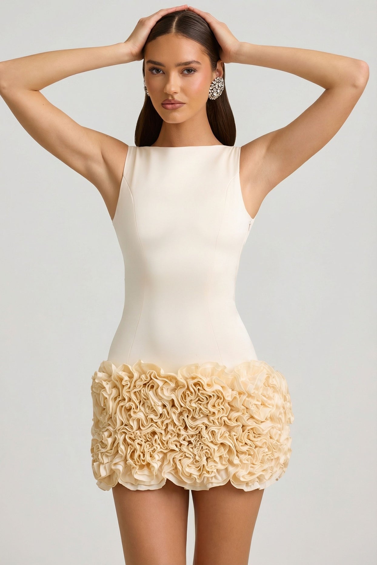 Satin Floral Appliqué Open-Back Mini Dress in Ivory - 10